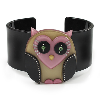 Funky Owl Plastic Cuff Bangle (Black, Pink & Khaki) - main view
