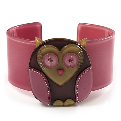 Funky Owl Plastic Cuff Bangle (Pink, Beige & Olive) - main view