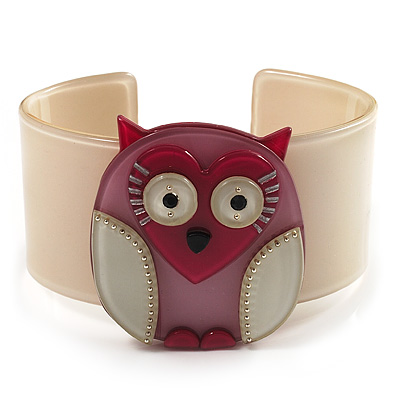 Funky Owl Plastic Cuff Bangle (Antique White, Pink & Deep Pink) - main view