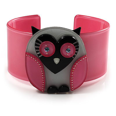 Funky Owl Plastic Cuff Bangle (Pink, Black & Beige) - main view