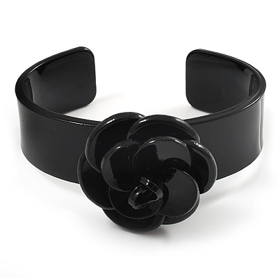 Black Acrylic Rose Cuff Bangle - main view