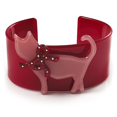 Kitty With Crystal Bow Raspberry Plastic Cuff Bangle - main view
