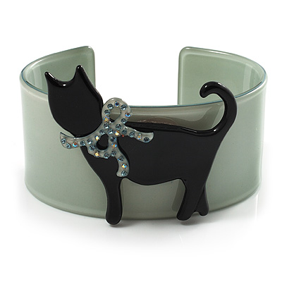 Kitty With Crystal Bow Pale Green Plastic Cuff Bangle - main view