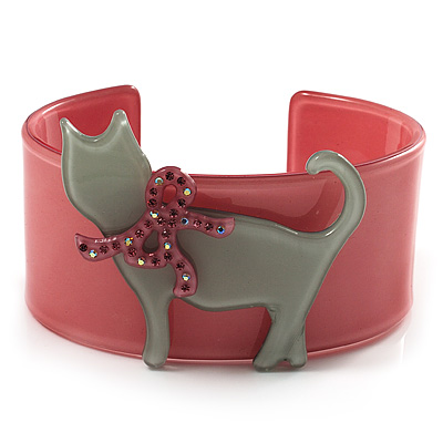 Kitty With Crystal Bow Pale Pink Plastic Cuff Bangle - main view