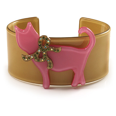 Kitty With Crystal Bow Mustard Plastic Cuff Bangle