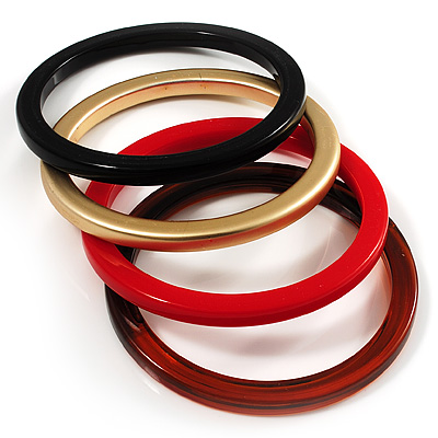Set Of 4 Plastic Bangles (Gold, Brown, Black & Red) - 18cm Length - main view