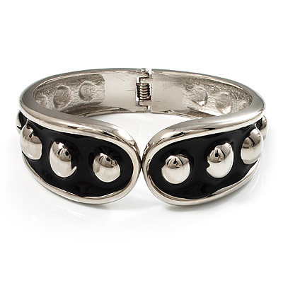 Black Enamel Studded Hinge Bangle Bracelet ( Silver Tone) - 18cm Length - main view