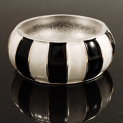 Black & White Segmental Wide Enamel Hinged Bangle (Silver Tone) - 3.2cm Width - main view