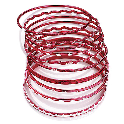 Red Smooth & Textured Glitter Metal Bangles - Set of 10Pcs - main view