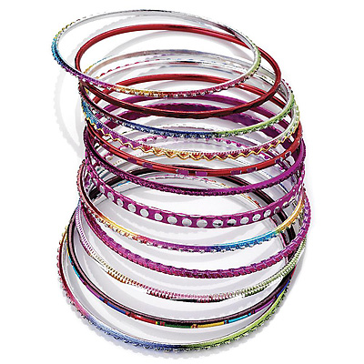 Multicoloured Smooth & Textured Glitter Metal Bangles - Set of 10Pcs - main view