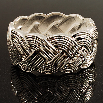 Textured Braided Hinged Bangle Bracelet (Silver Plated ) - main view