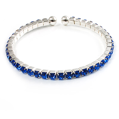 Navy Blue Crystal Thin Flex Bangle Bracelet (Silver Tone) - main view