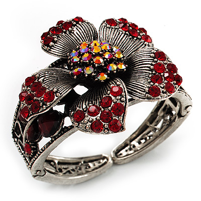 Striking Diamante Flower Hinged Bangle Bracelet ( Burn Silver & Burgundy Red) - main view