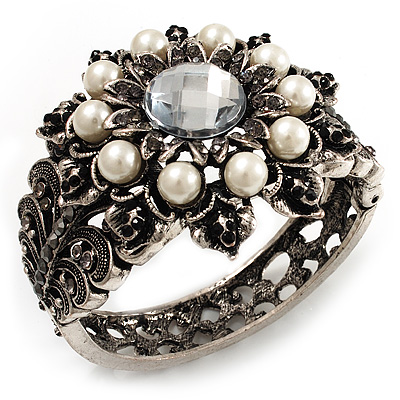 Vintage Imitation Pearl Rose Hinged Bangle Bracelet (Burn Silver) - main view
