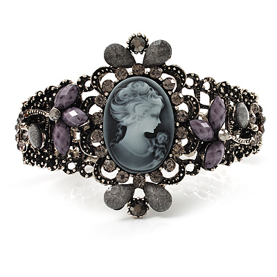 Victorian Style Cameo Diamante Bangle Bracelet (Burn Silver) - main view