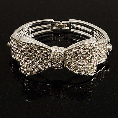 Dazzling Crystal Bow Bangle Bracelet (Silver Tone) - main view