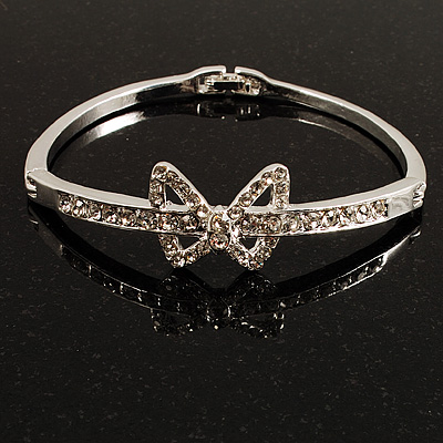 Delicate Crystal Bow Bangle Bracelet (Silver Tone) - main view