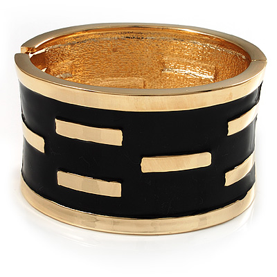 Gold Plated Wide Black Enamel Hinged Bangle Bracelet - main view