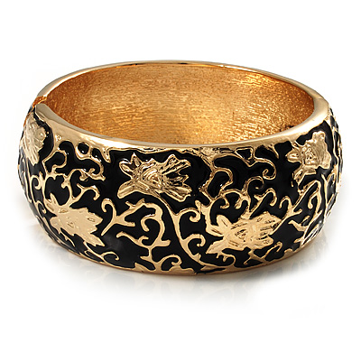 Wide Black Enamel Floral Pattern Hinged Bangle Bracelet (Gold Plated) - main view