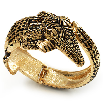 Vintage Crocodile Hinged Bangle Bracelet (Antique Gold Tone) - main view