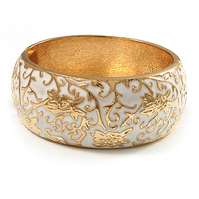 Wide White Enamel Floral Pattern Hinged Bangle Bracelet (Gold Plated) - main view