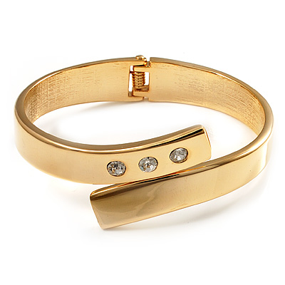 Gold Plated Crystal Hinged Bypass Bangle Bracelet - main view