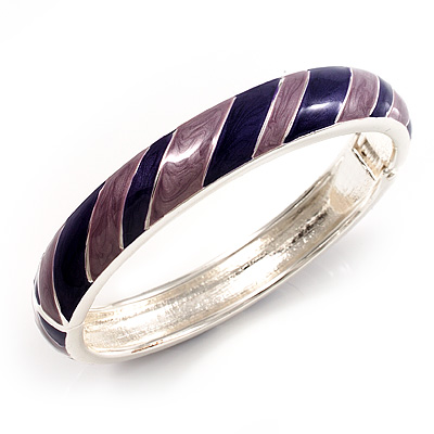 Stripy Purple Enamel Hinged Bangle Bracelet (Silver Tone) - main view