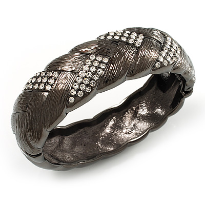 Black Textured Braided Hinged Bangle Bracelet - main view