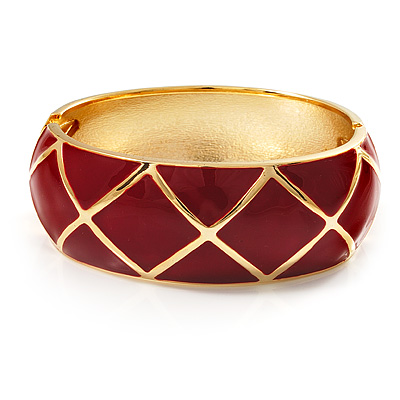 Wide Red Enamel Ornamental Hinged Bangle Bracelet (Gold Tone) - main view