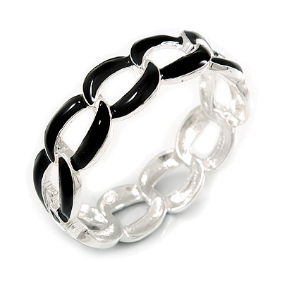 'Oval Link Chain' Black Enamel Hinged Bangle Bracelet (Silver Tone) - main view