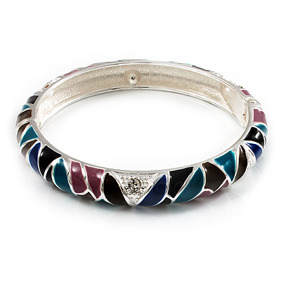 Thin Multicoloured Enamel Hinged Bangle Bracelet (Silver Tone) - main view
