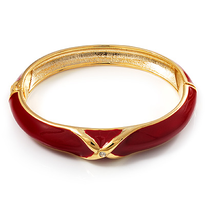 Red Enamel Crystal Cross Hinged Bangle Bracelet (Gold Tone) - main view