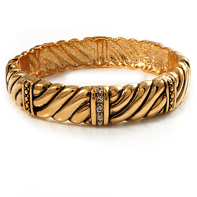 Gold Plated Rope -Textured Crystal Hinged Bangle Bracelet - main view