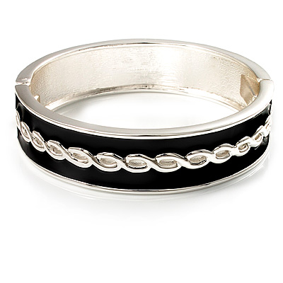Black Ornamental Enamel Hinged Bangle Bracelet (Silver Tone) - main view
