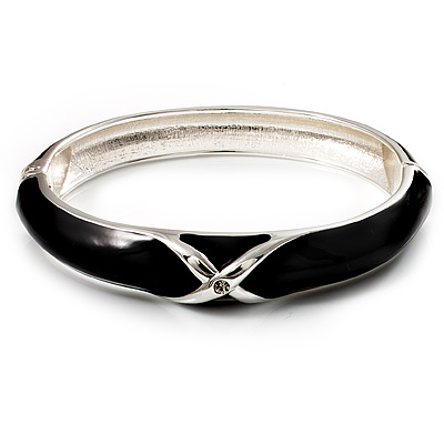 Jet Black Enamel Crystal Cross Hinged Bangle Bracelet (Silver Tone) - main view