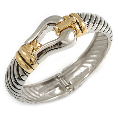 Stately Two Tone Textured 'Buckle' Hinged Bangle Bracelet - main view