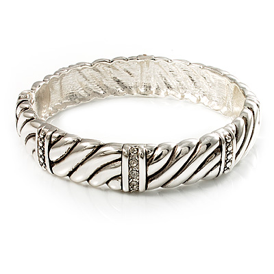 Silver Plated Rope -Textured Crystal Hinged Bangle Bracelet - main view