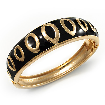 Jet Black Ornamental Enamel Hinged Bangle Bracelet (Gold Tone) - main view