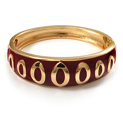 Red Ornamental Enamel Hinged Bangle Bracelet (Gold Tone) - main view