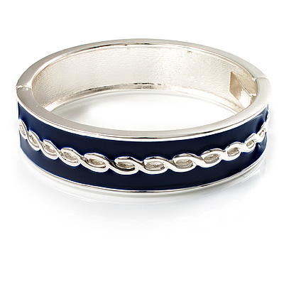 Blue Ornamental Enamel Hinged Bangle Bracelet (Silver Tone) - main view