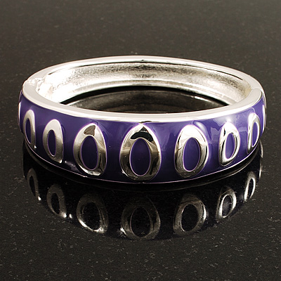 Deep Purple Ornamental Enamel Hinged Bangle Bracelet (Silver Tone)