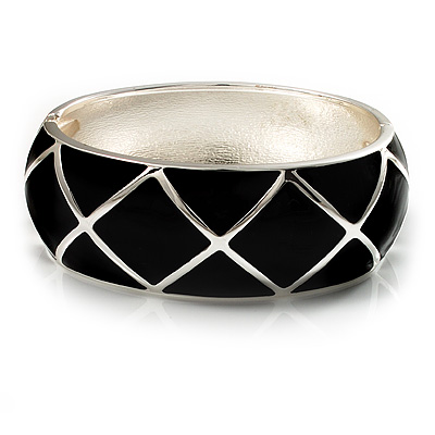 Black Enamel Ornamental Hinged Bangle Bracelet (Silver Tone) - main view