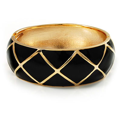 Wide Black Enamel Ornamental Hinged Bangle Bracelet (Gold Tone) - main view