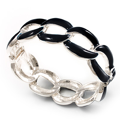 'Oval Link Chain' Navy Blue Enamel Hinged Bangle Bracelet (Silver Tone) - main view