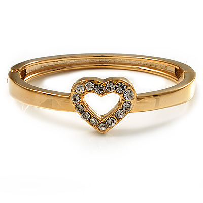 Romantic Crystal Heart Hinged Bangle Bracelet (Gold Tone) - main view