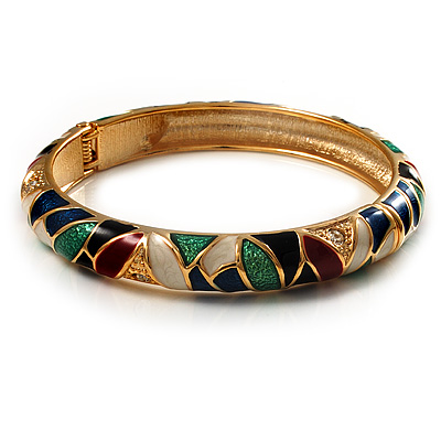 Thin Multicoloured Enamel Hinged Bangle Bracelet (Gold Tone) - main view