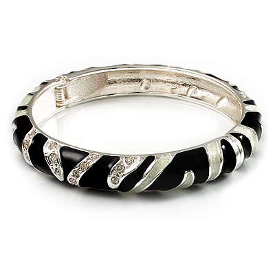 Black & Light Cream Crystal Zebra Pattern Enamel Hinged Bangle Bracelet (Silver Tone) - main view