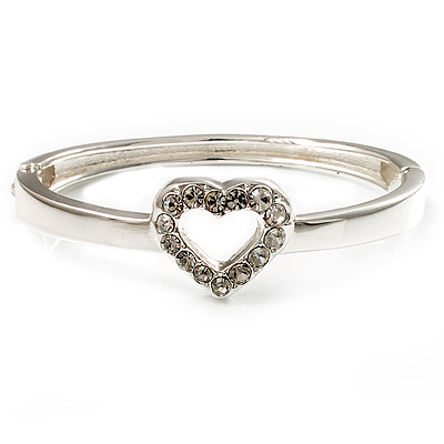 Romantic Crystal Heart Hinged Bangle Bracelet (Silver Tone) - main view