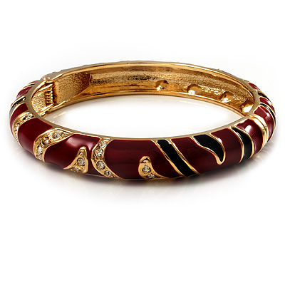 Black & Red Crystal Enamel Hinged Bangle Bracelet (Gold Tone) - main view