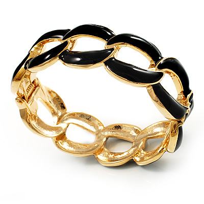 'Oval Link Chain' Jet Black Enamel Hinged Bangle Bracelet (Gold Tone) - main view